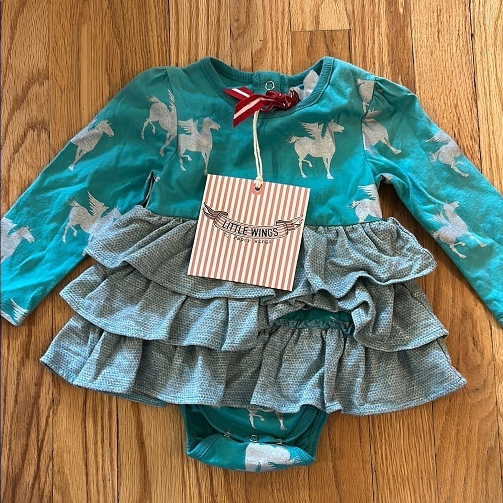 Paper Wings NWT sz 6mo frilled romper unicorns turquoise silver snap closures‎
